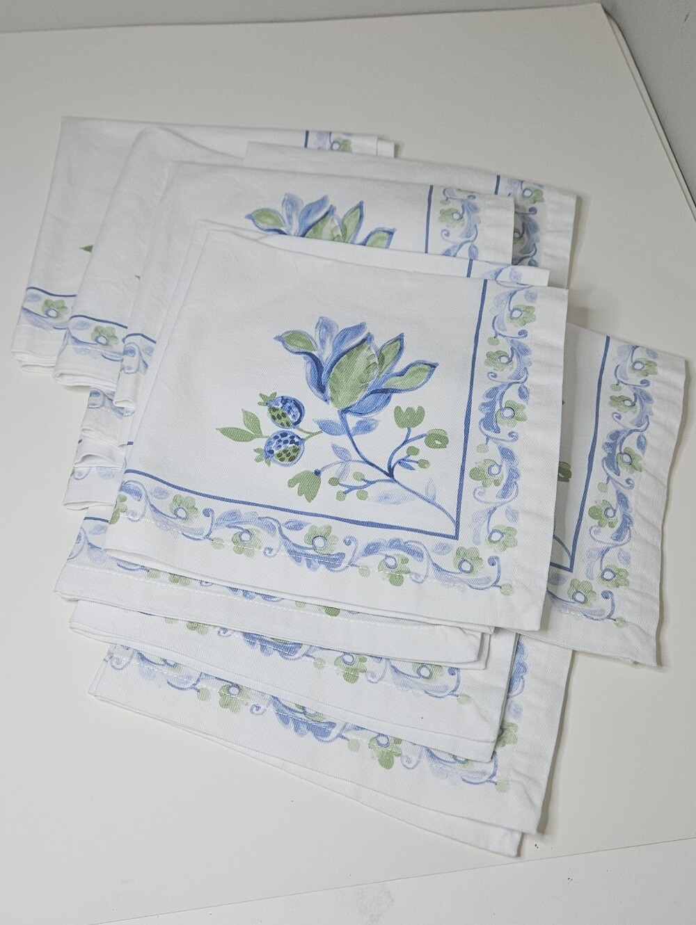 Williams Sonoma Painted Vine Napkins Blue Green Floral On Cotton, Set Of 12